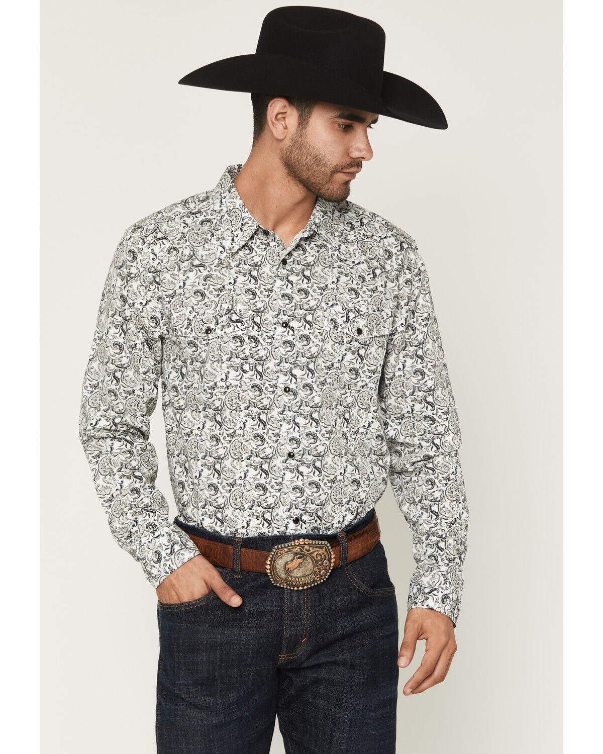 Image #1 - Gibson Trading Co Men's Bone Ridge Paisley Print Long Sleeve Snap Western Shirt, Ivory, hi-res