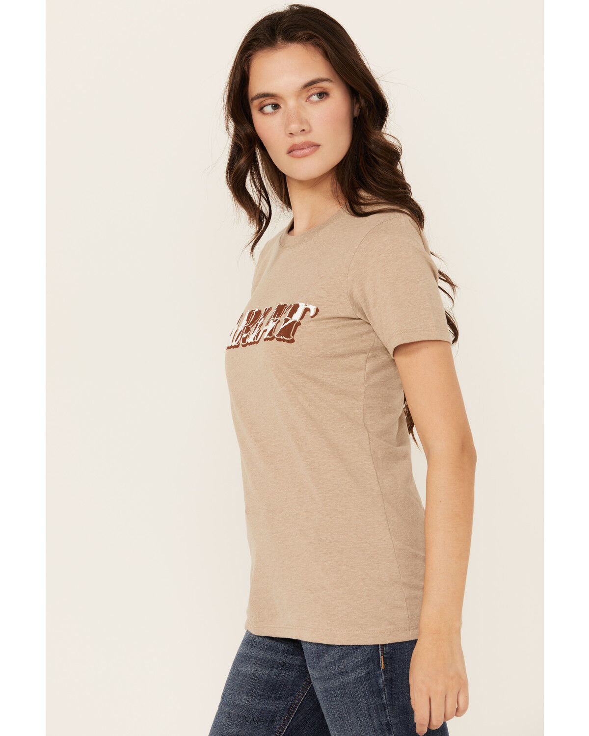 Image #2 - Ariat Women's Boot Barn Exclusive Cow Print Logo Short Sleeve Graphic Tee, Oatmeal, hi-res