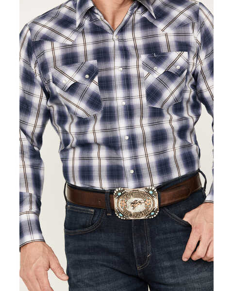 Image #3 - Ely Walker Men's Plaid Print Long Sleeve Pearl Snap Western Shirt, Navy, hi-res