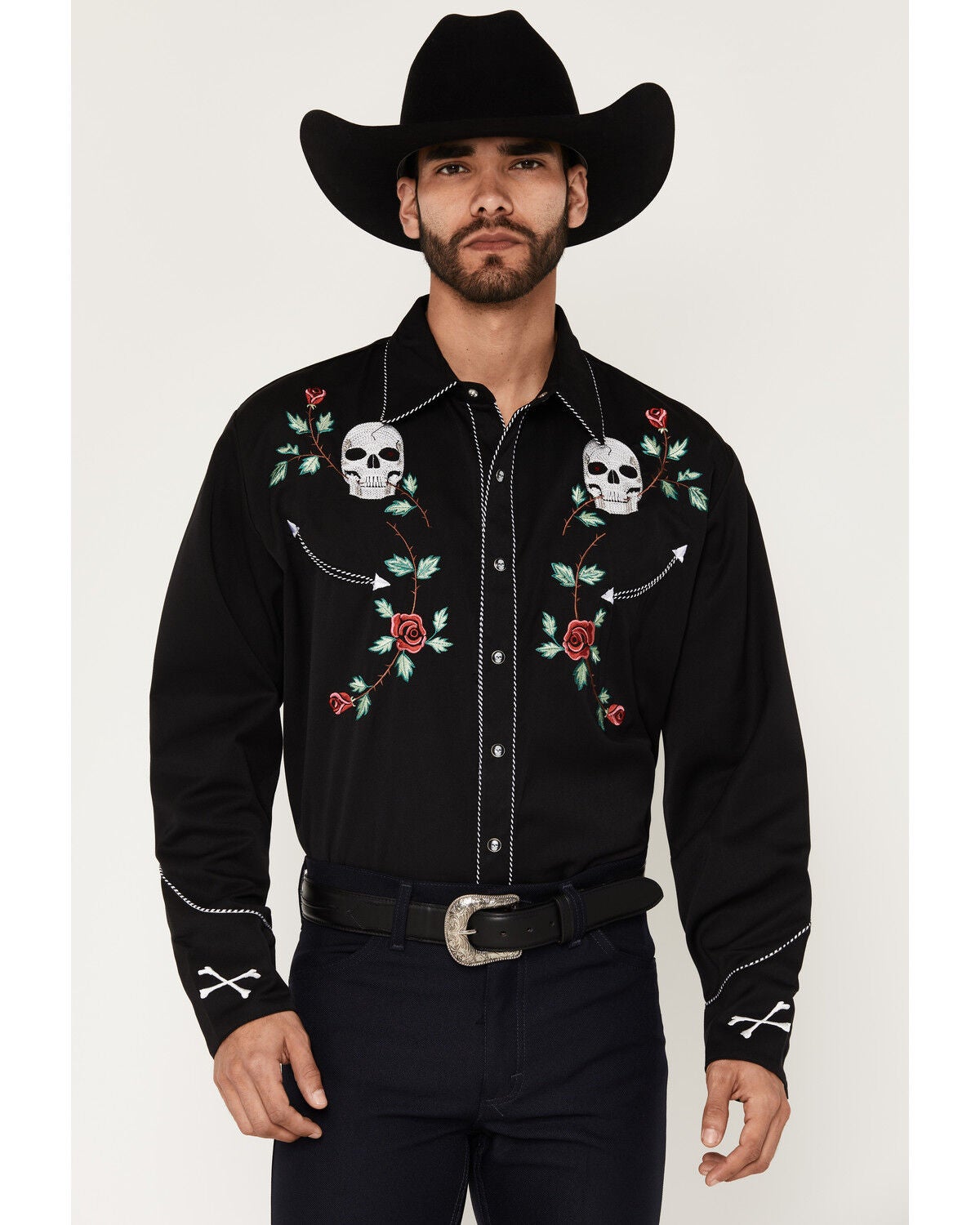 Scully Men's Skull & Roses Embroidered Retro Long Sleeve Western Shirt, Black, hi-res