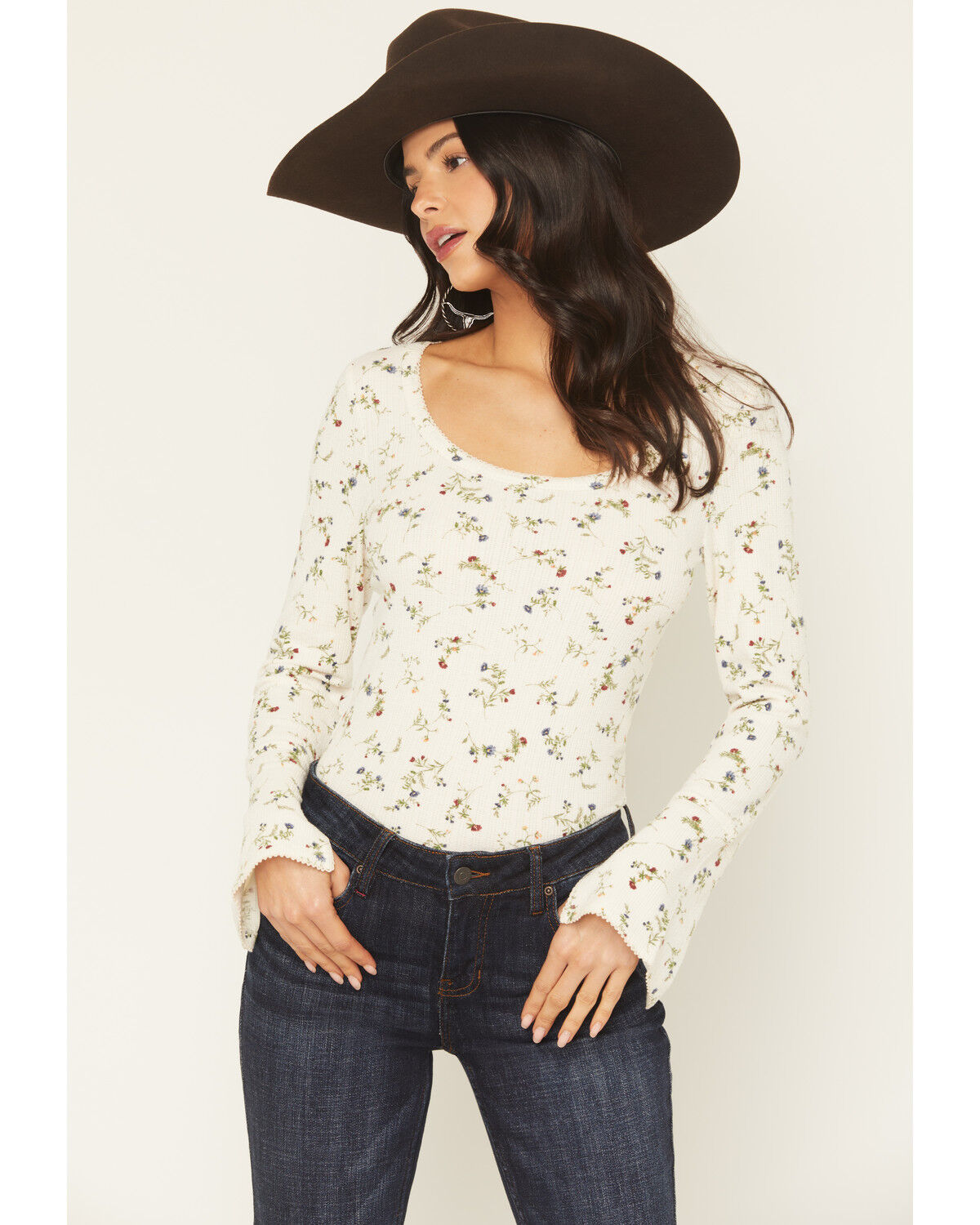 Image #1 - Idyllwind Women's Harborwood Floral Print Bell Long Sleeve Top, Cream, hi-res