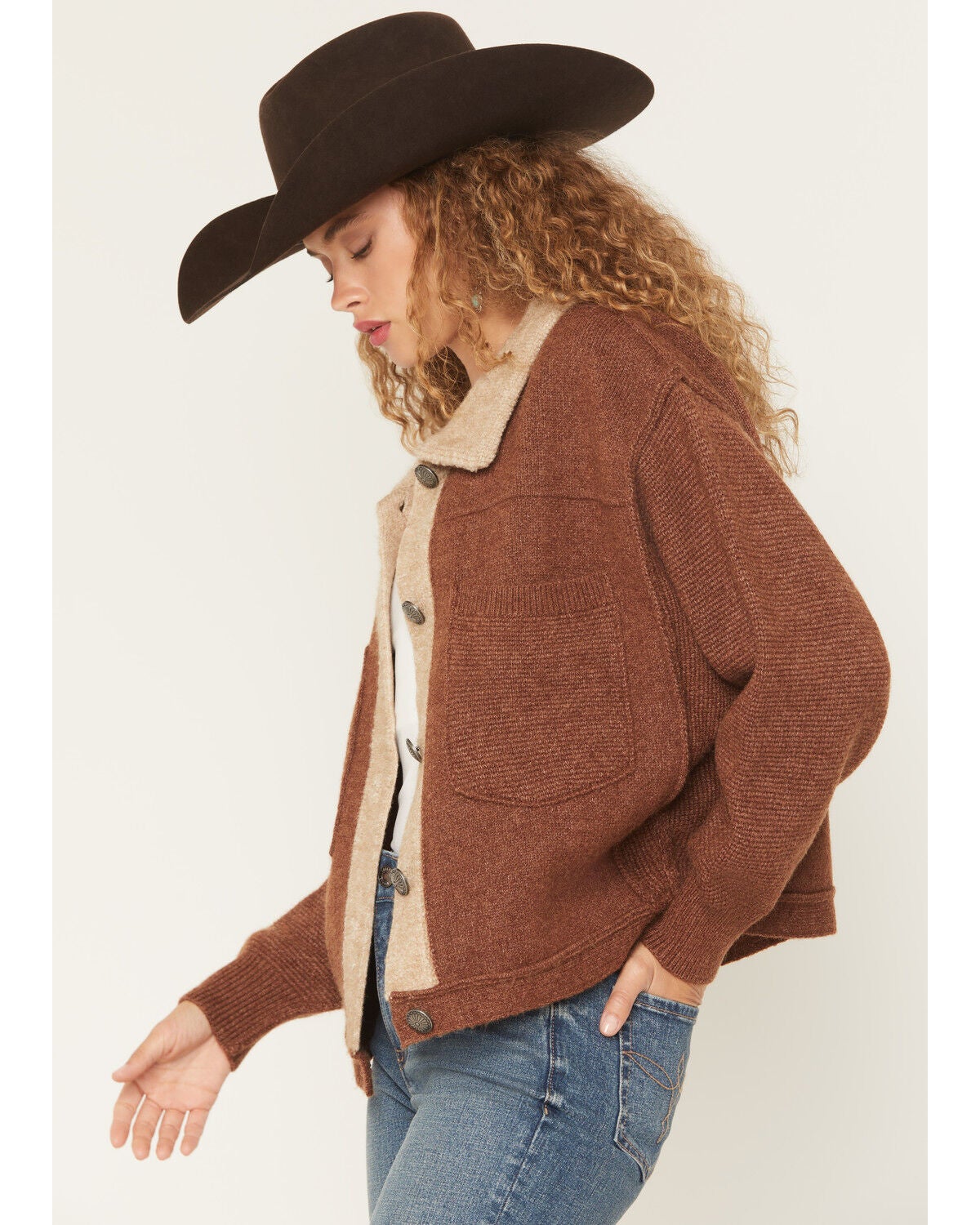 Image #2 - Cotton & Rye Women's Color Block Cropped Shacket, Brown, hi-res