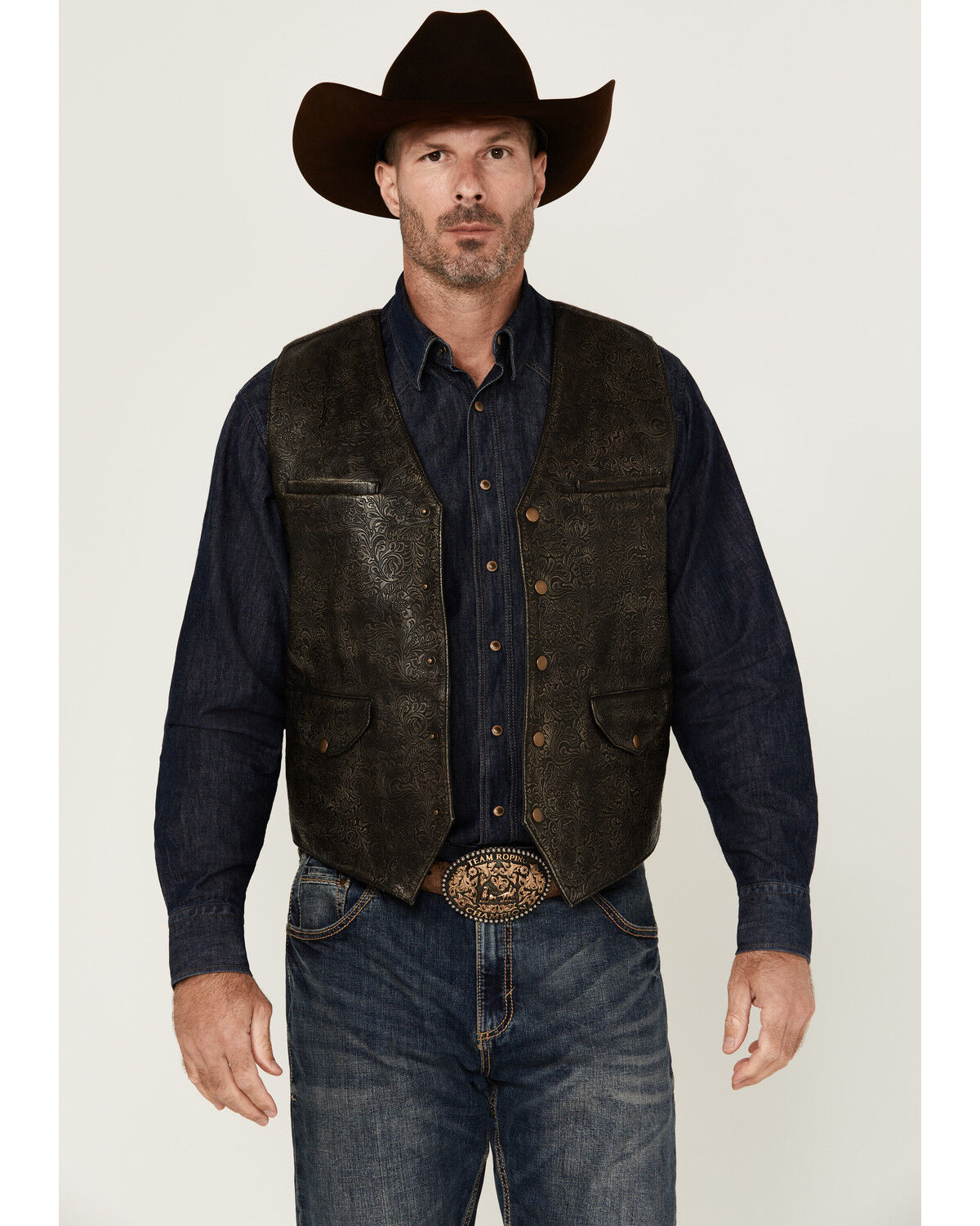Image #1 - Moonshine Spirit Men's Bar Stool Tooled Leather Vest, Brown, hi-res
