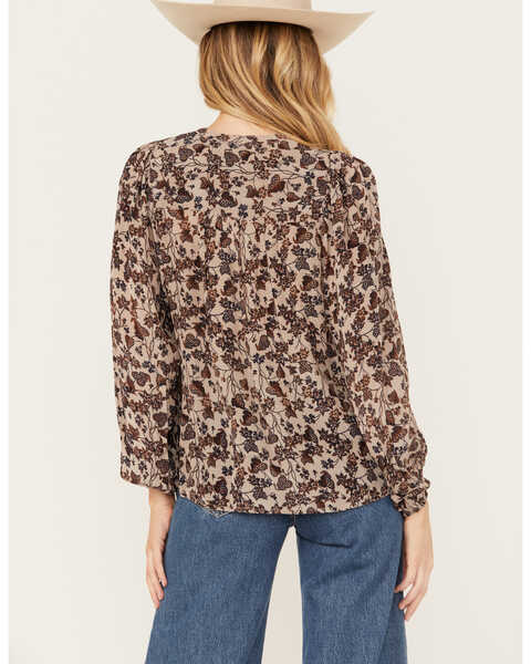 Image #4 - Revel Women's Floral Print Long Sleeve Peasant Top, Taupe, hi-res