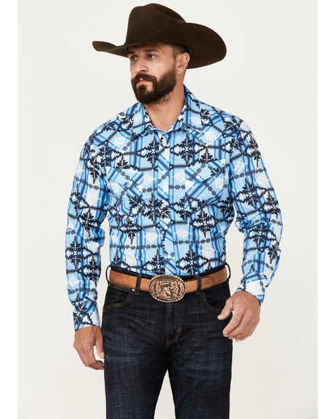 Rock & Roll Denim Men's Southwestern Print Vintage Long Sleeve Pearl Snap Western Shirt, Blue, hi-res