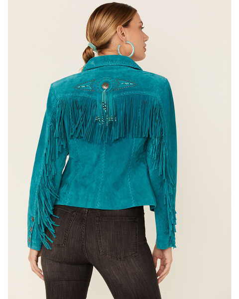Image #4 - Scully Fringe & Beaded Boar Suede Leather Jacket, Turquoise, hi-res