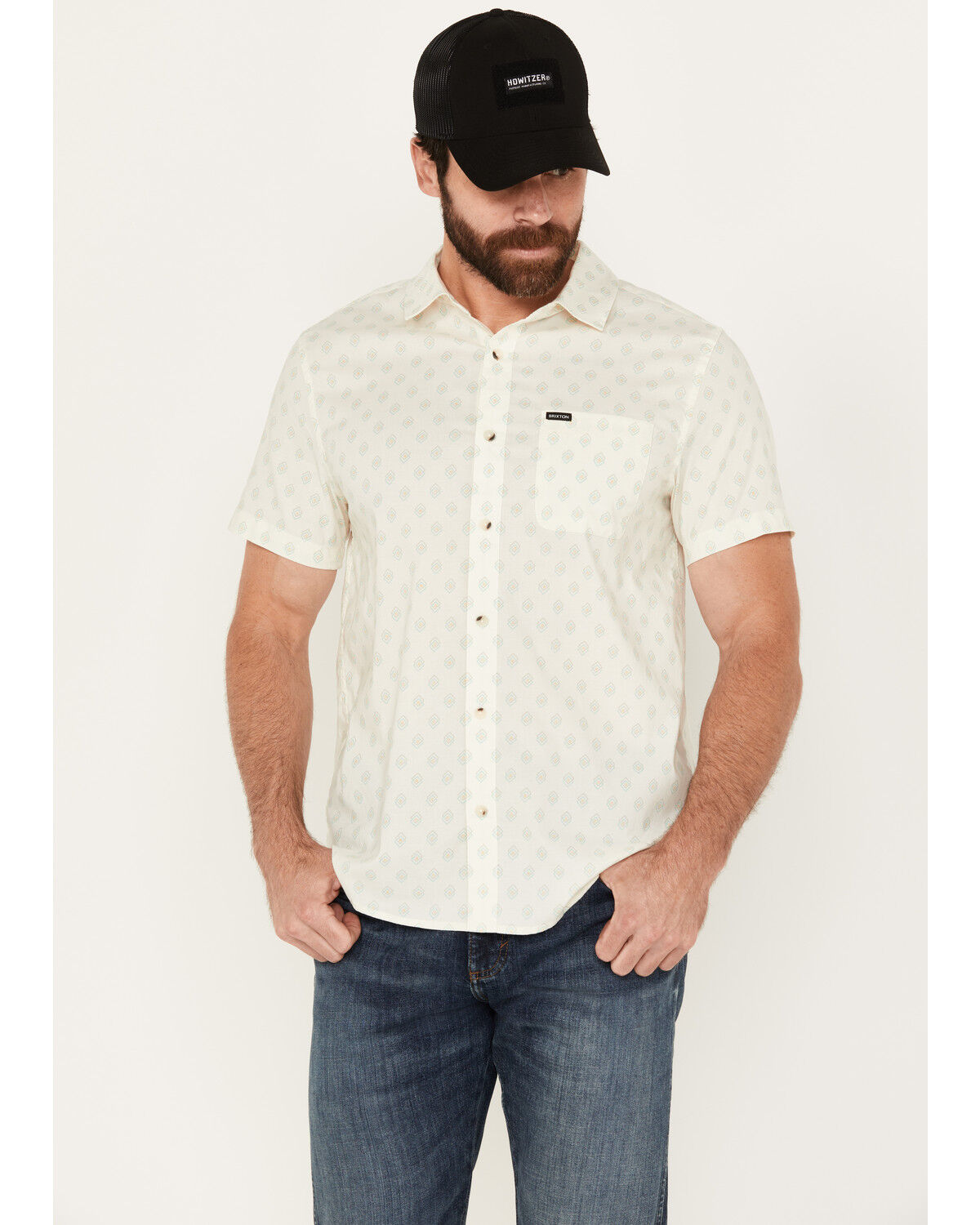 Image #1 - Brixton Men's Charter Geo Print Short Sleeve Button-Down Shirt, Cream, hi-res