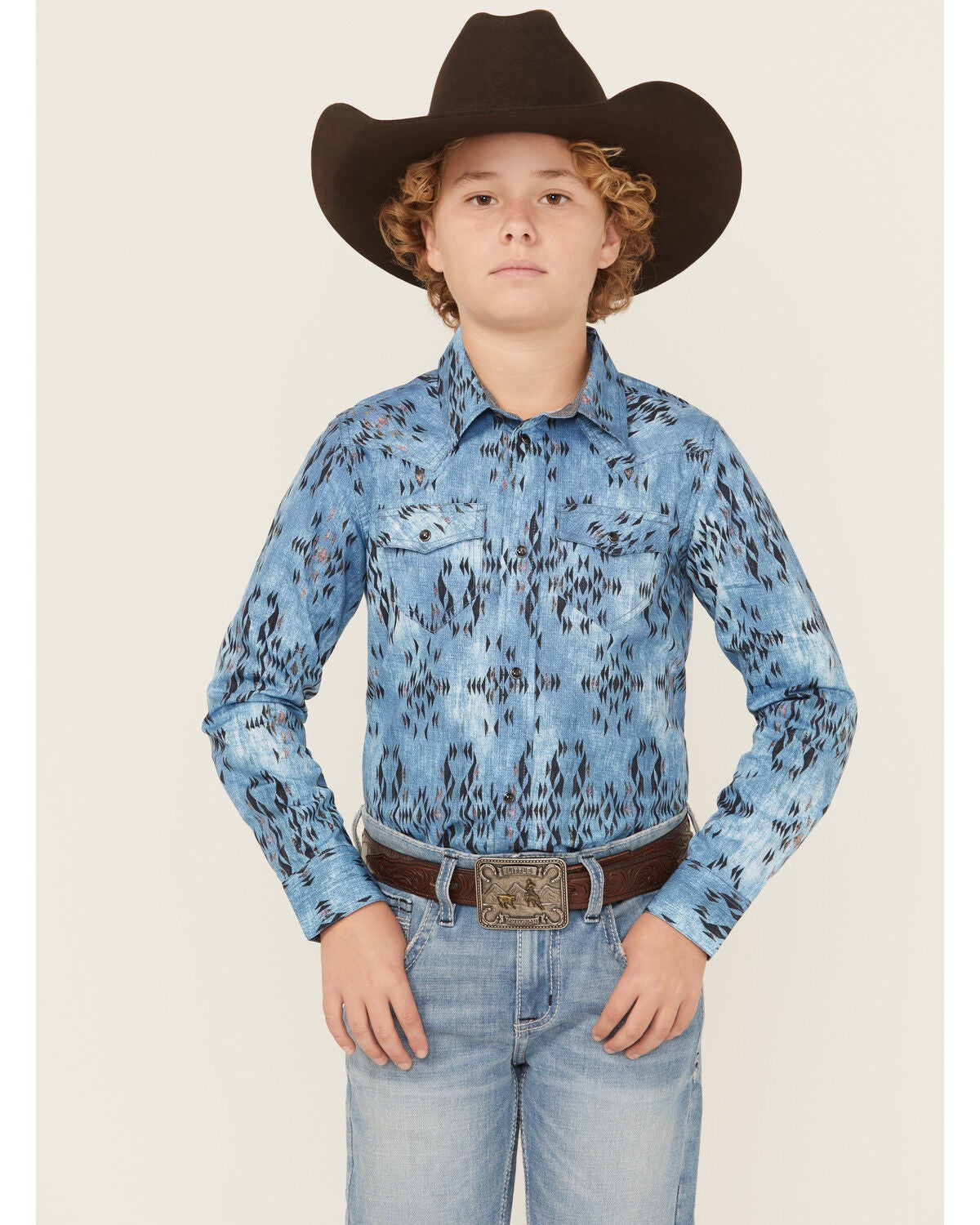 Cody James Boys' Maverick Southwestern Print Long Sleeve Snap Western Shirt, Blue, hi-res