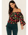 Image #1 - Angie Women's Black & Red Rose Floral Print Long Bell Sleeve Crop Top, , hi-res