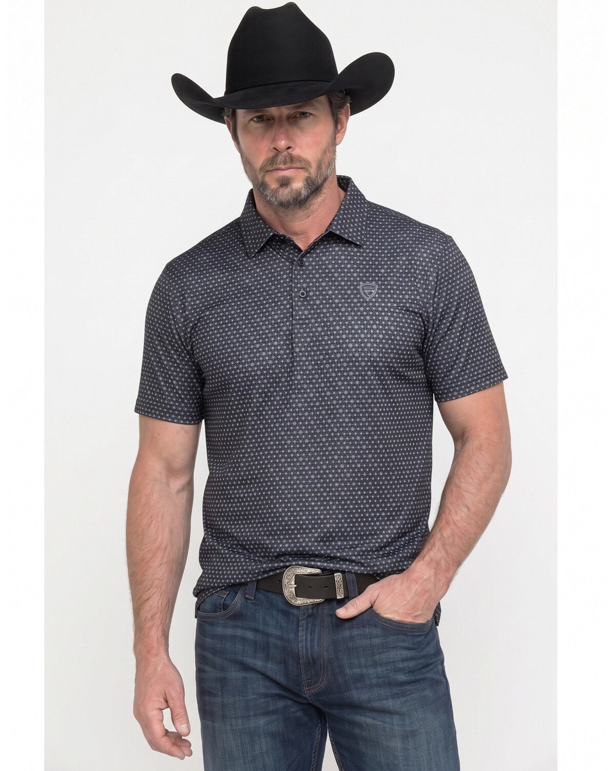 Rock & Roll Denim Men's Geo Print Short Sleeve Button-Down Stretch Polo, Black, hi-res