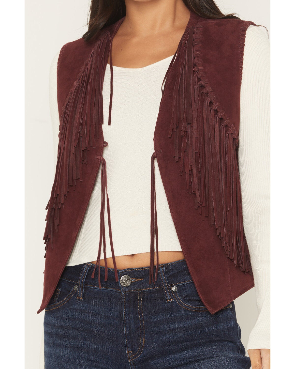 Image #3 - Scully Women's Suede Fringe Front Tie Vest, Ruby, hi-res