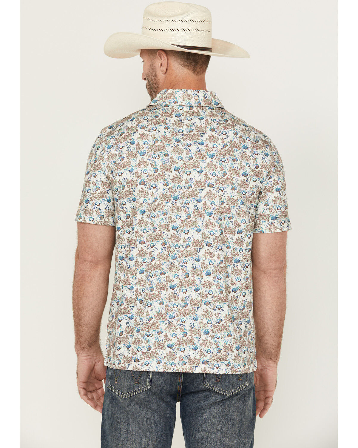 Image #4 - Panhandle Men's Cactus Print Short Sleeve Snap Performance Polo, Natural, hi-res