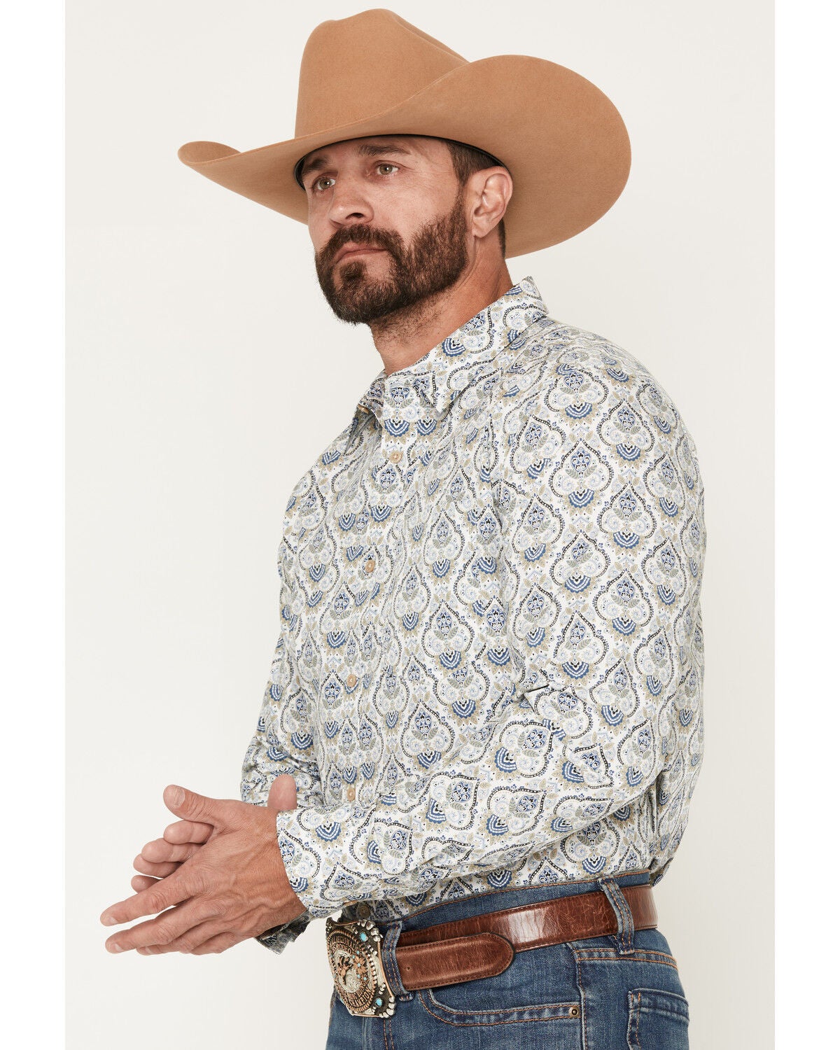 Image #2 - Gibson Trading Co Men's Barely Broke Medallion Print Long Sleeve Button-Down Western Shirt, Blue, hi-res