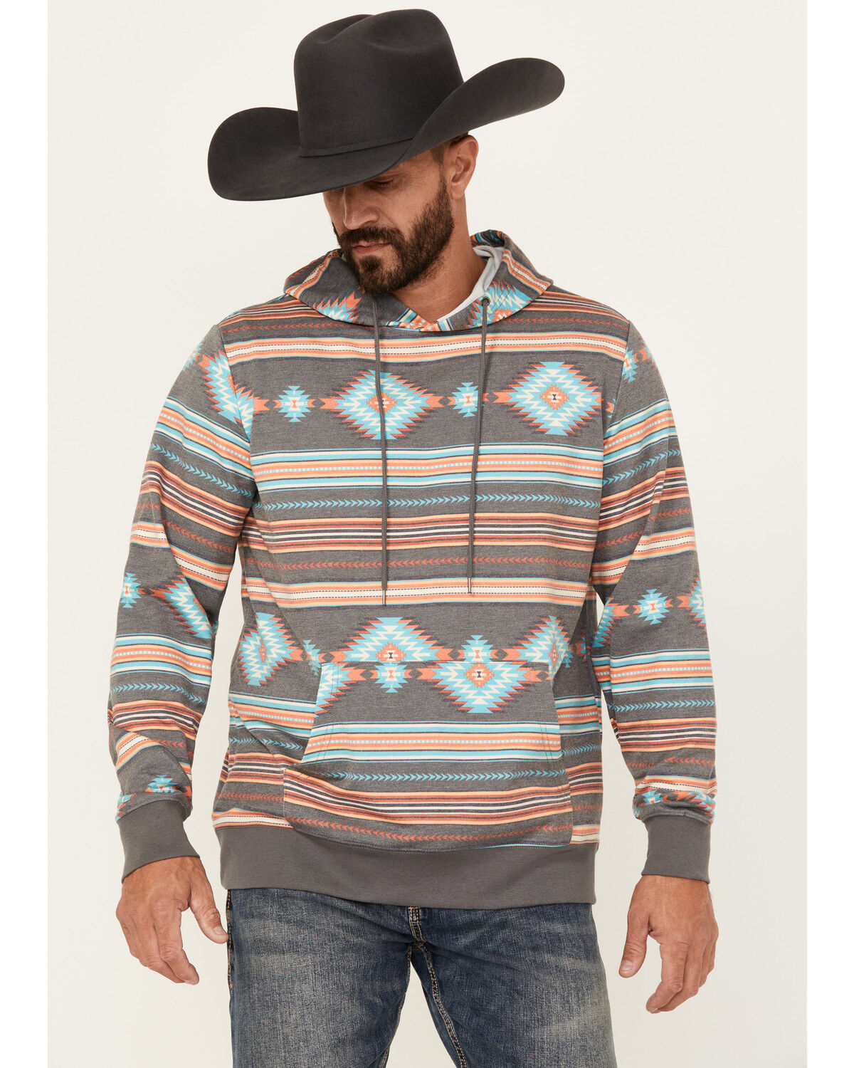 Image #1 - Rock & Roll Denim Men's Southwestern Print Hooded Sweatshirt, Grey, hi-res