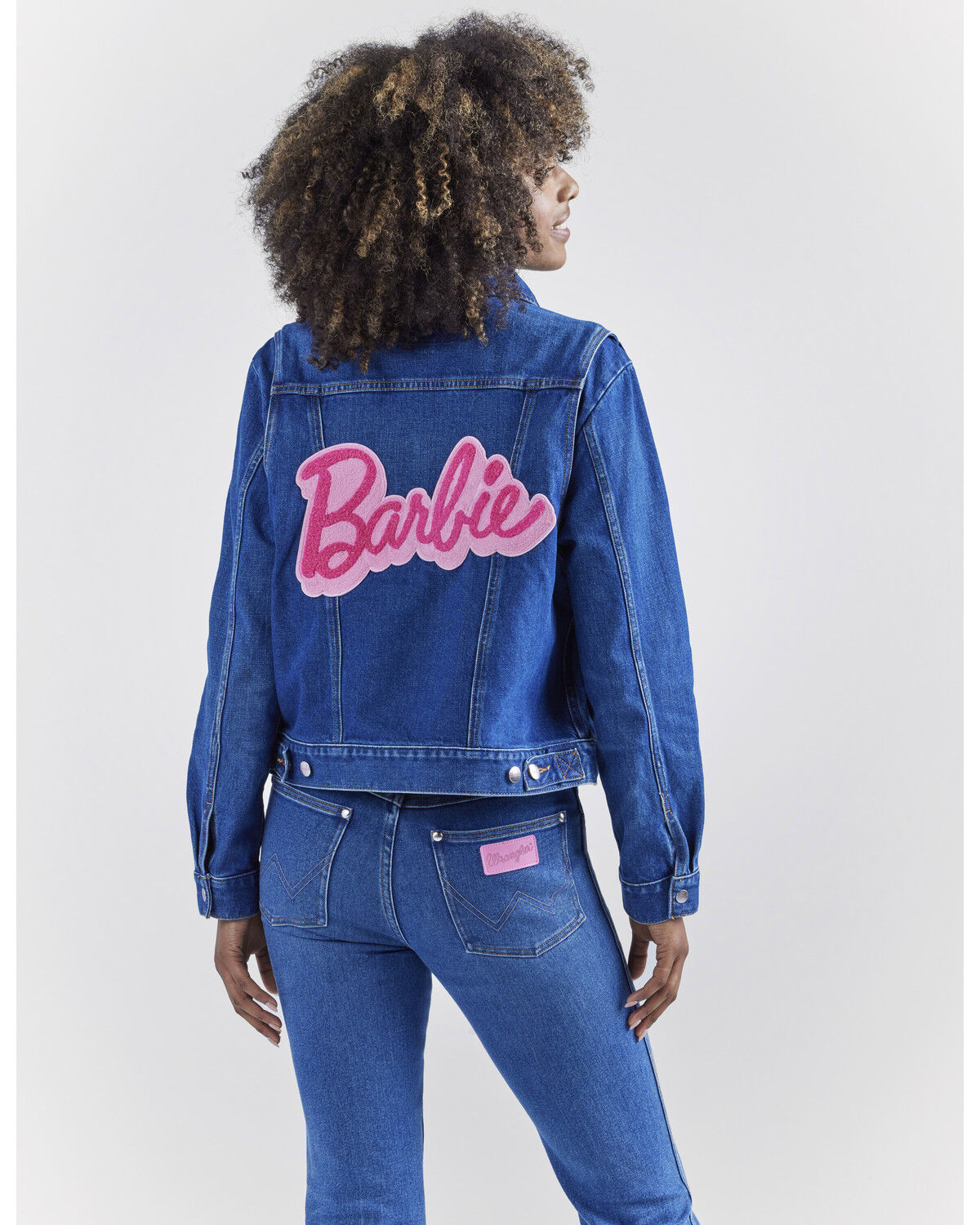Image #2 - Wrangler® X Barbie™ Women's Dark Wash Barbie™ Logo Zip Front Denim Jacket, Dark Wash, hi-res