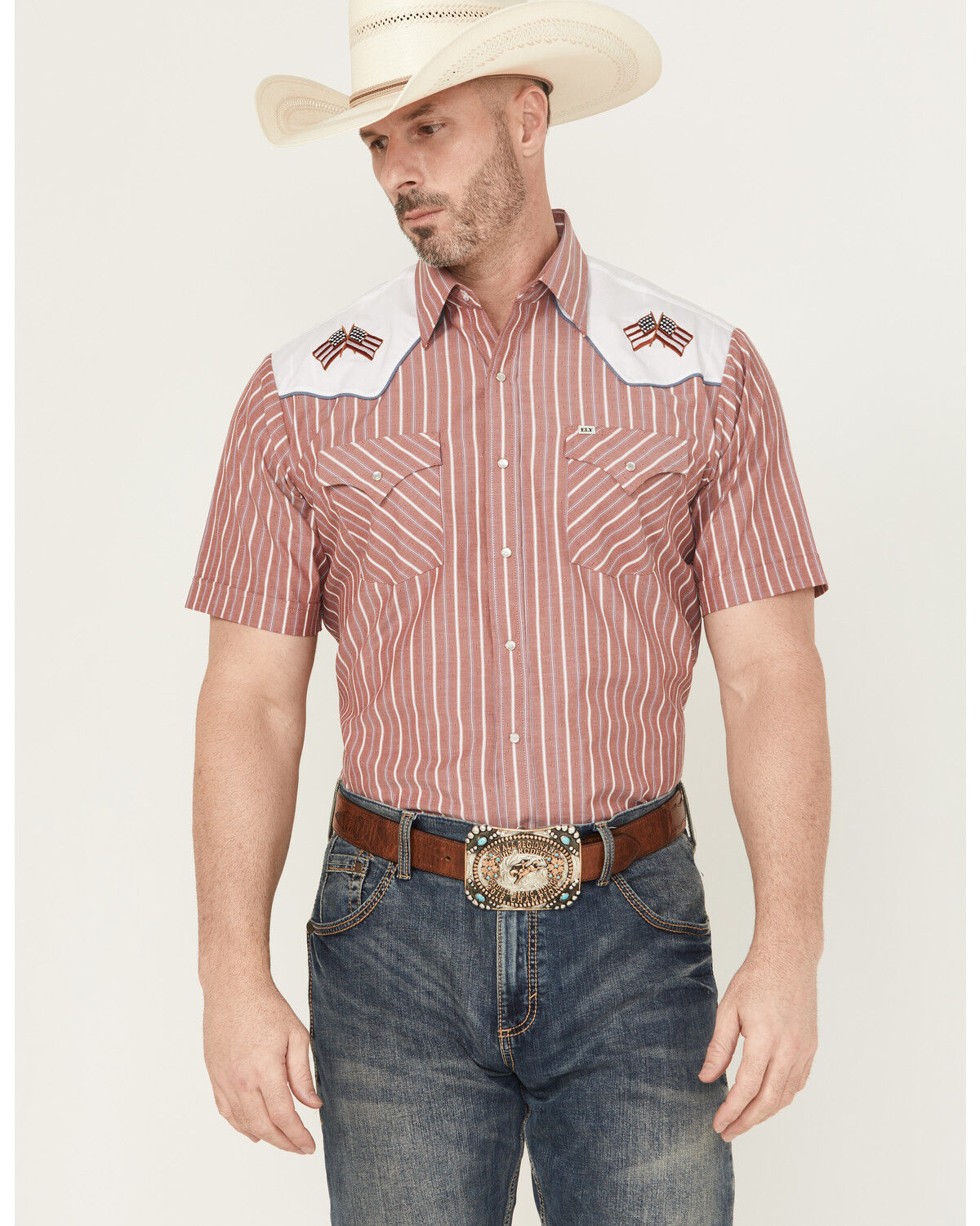 Image #1 - Ely Walker Men's Flag Yoke Striped Short Sleeve Pearl Snap Western Shirt, Red, hi-res