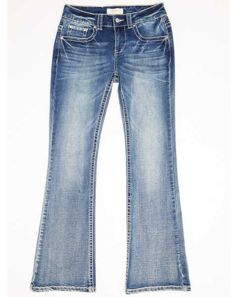 Image #2 - Shyanne Girls' Light Embroidered Faux Flap Pocket Bootcut Jeans , Blue, hi-res