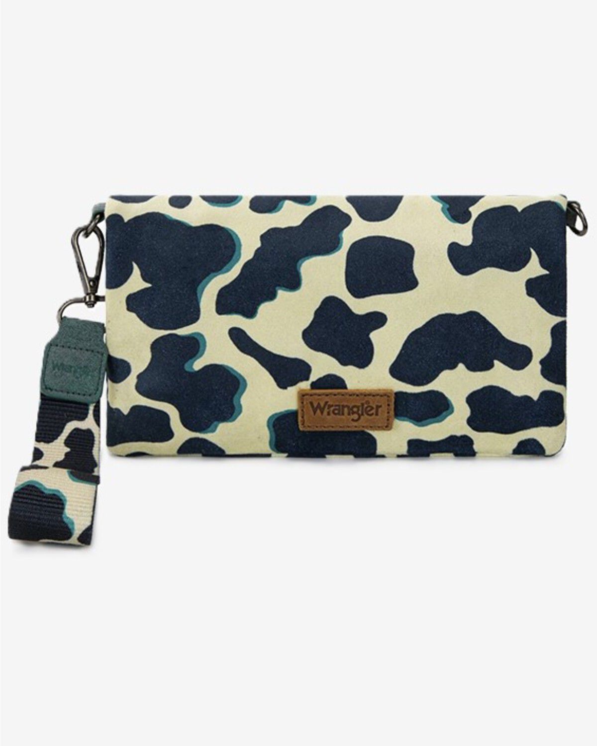 Wrangler Women's Cow Print Wallet Crossbody, Turquoise, hi-res