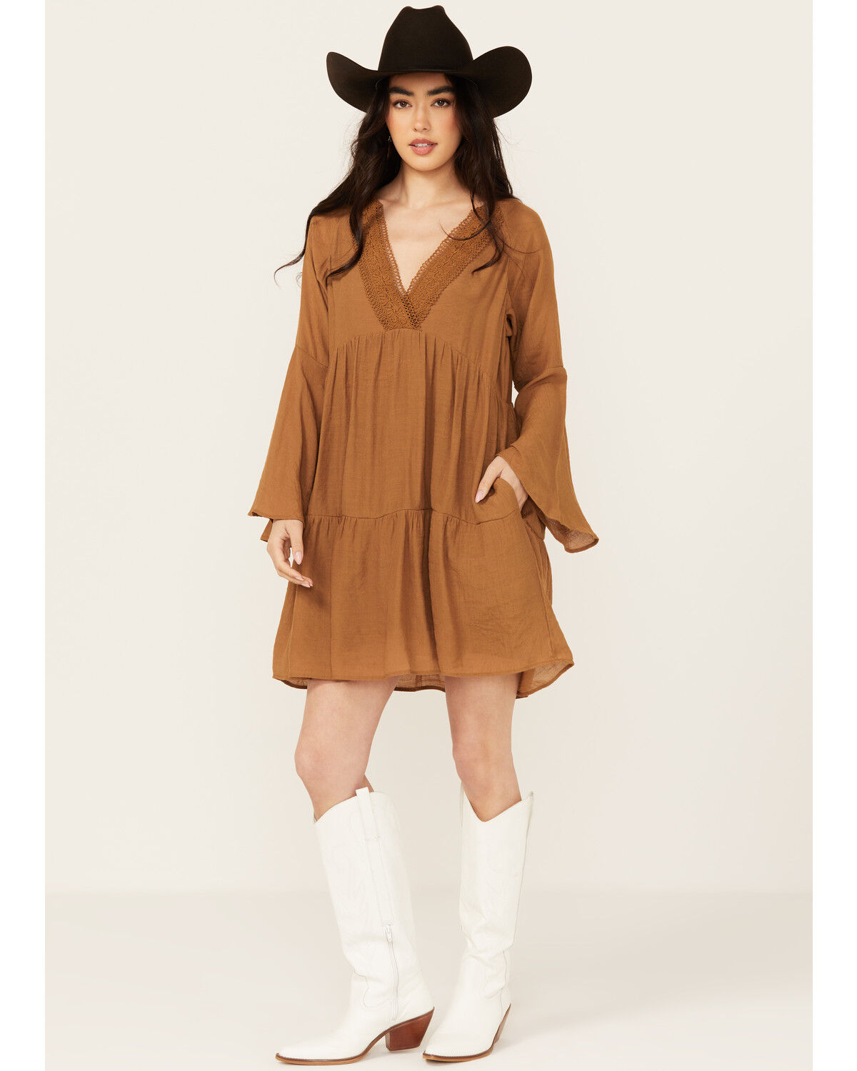 Image #1 - Wishlist Women's Lace Trim Long Sleeve Mini Dress, Cognac, hi-res