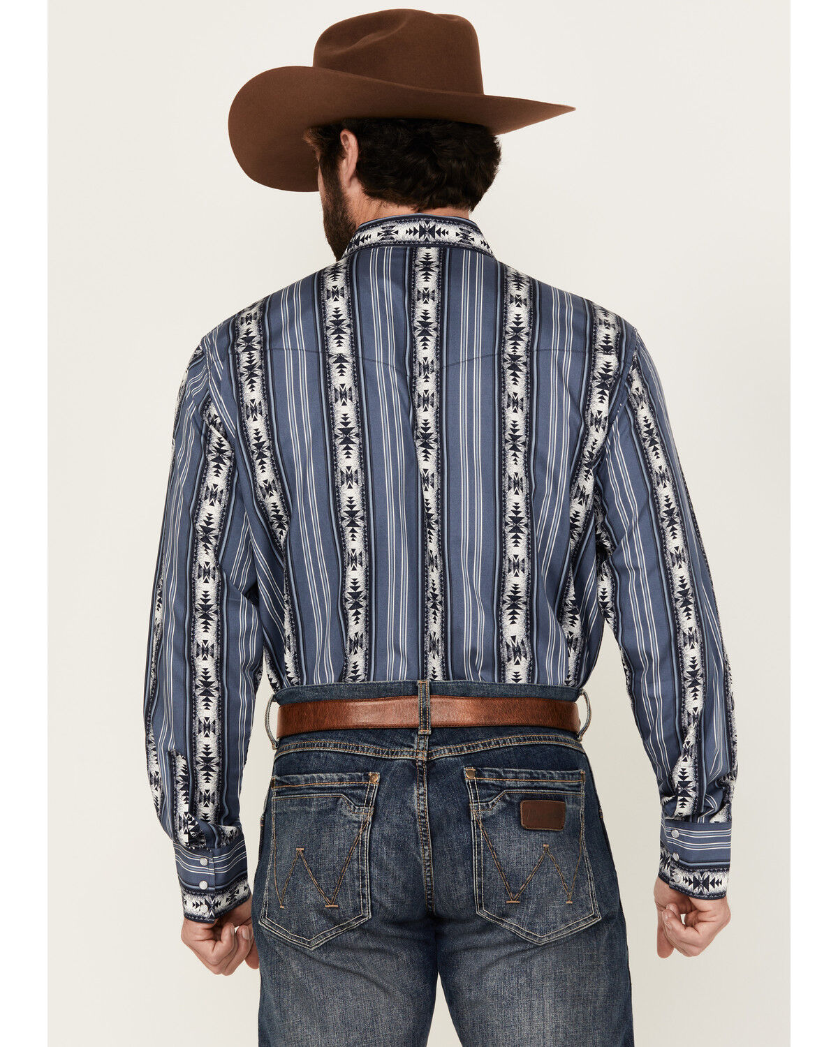 Image #4 - Wrangler Men's Checotah Southwestern Striped Print Long Sleeve Pearl Snap Western Shirt, Blue, hi-res