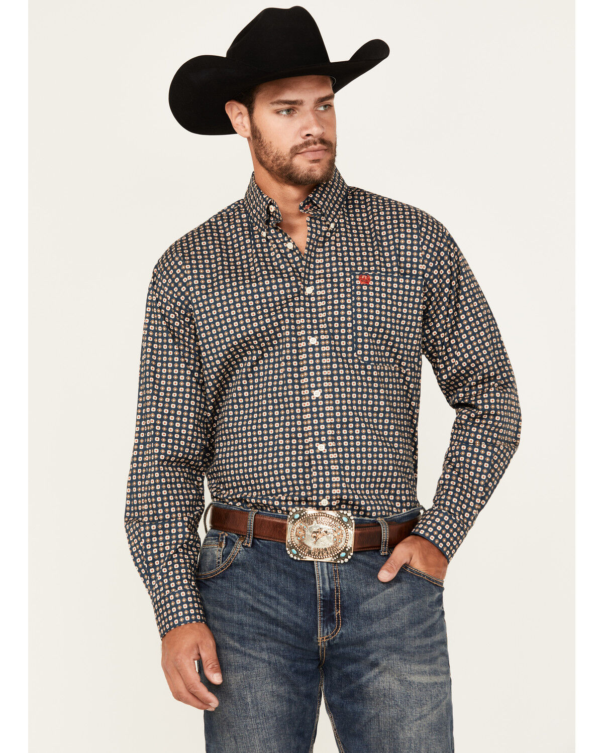 Image #1 - Cinch Men's Floral Geo Print Long Sleeve Button-Down Stretch Western Shirt, Navy, hi-res