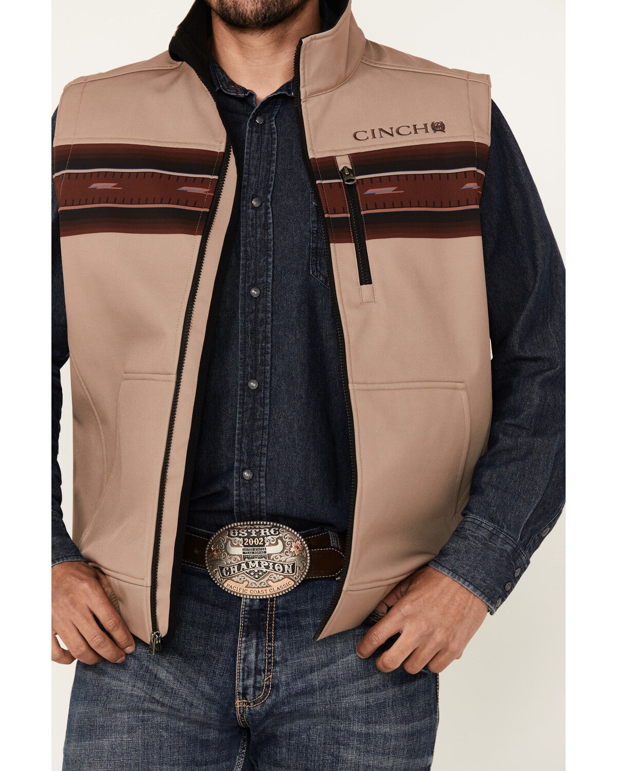 Image #3 - Cinch Men's Southwestern Border Print Bonded Bomber Vest, Khaki, hi-res