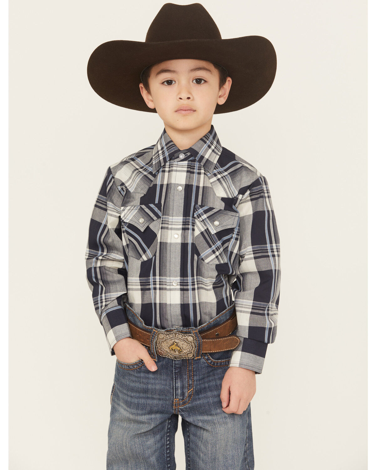 Image #1 - Ely Walker Boys' Plaid Print Long Sleeve Snap Western Shirt, Navy, hi-res