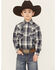 Image #1 - Ely Walker Boys' Plaid Print Long Sleeve Snap Western Shirt, Navy, hi-res