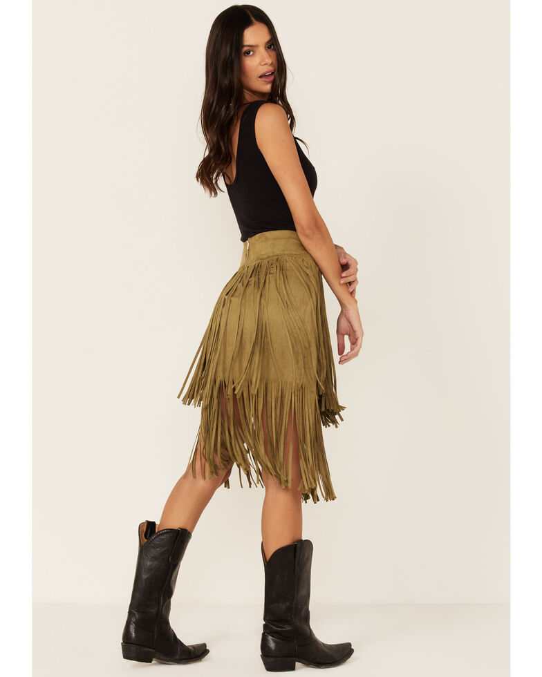 Vocal Women's Faux Suede Fringe Tiered Skirt, Olive, hi-res