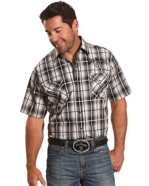 Jack Daniel's Men's Plaid Print Traditional Logo Short Sleeve Western Shirt , Black, hi-res