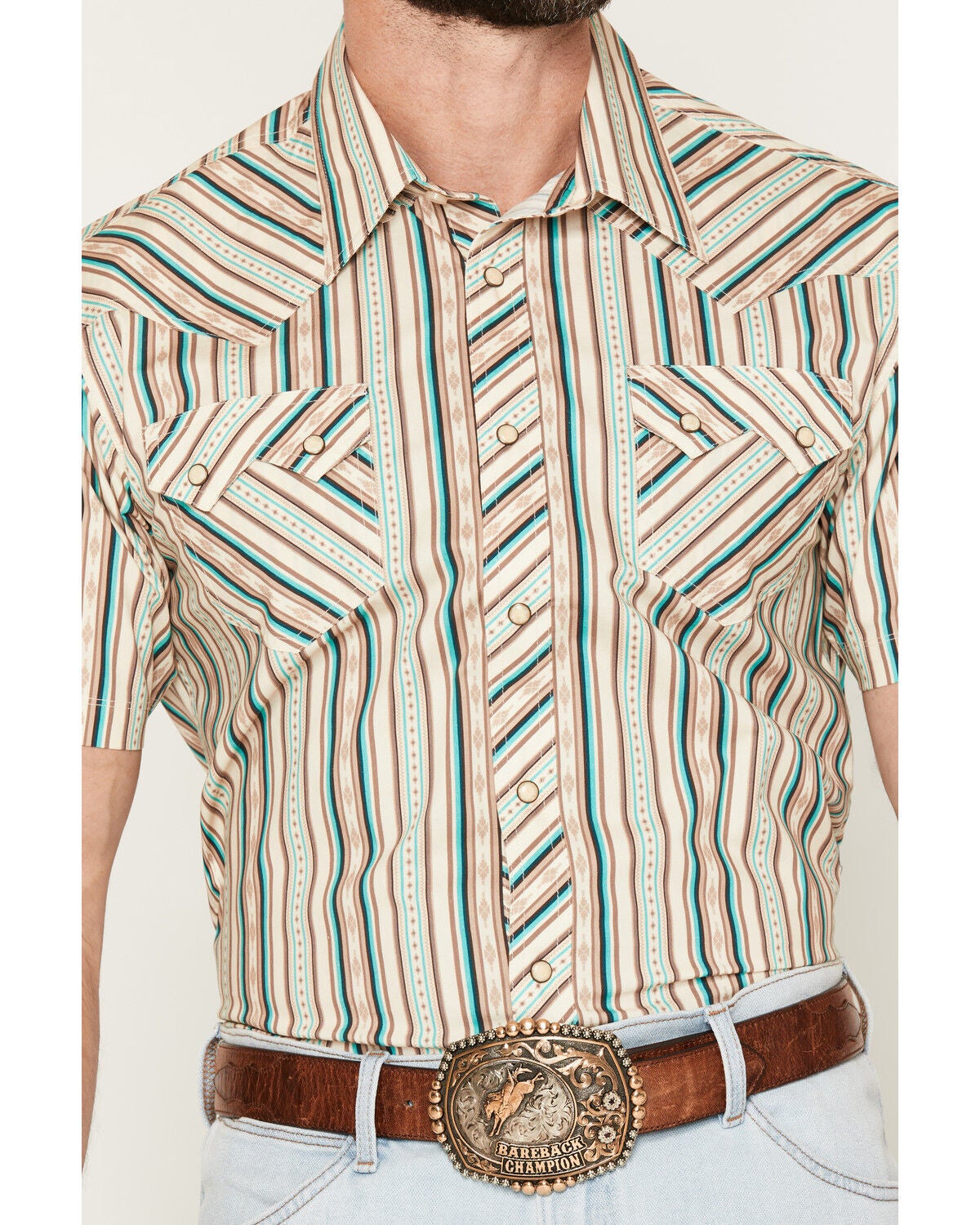 Image #3 - Rock & Roll Denim Men's Striped Short Sleeve Snap Stretch Western Shirt, Teal, hi-res