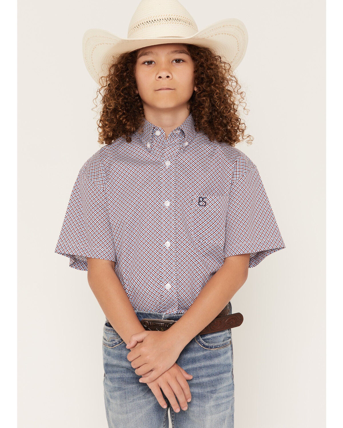 Panhandle Slim Men's Geo Print Short Sleeve Button-Down Stretch Western Shirt, Red, hi-res