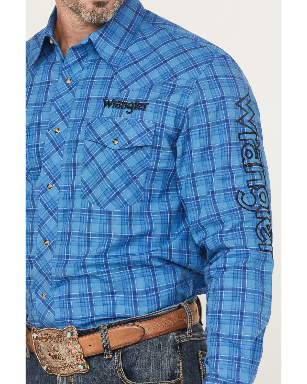 Image #3 - Wrangler Men's Plaid Print Logo Long Sleeve Snap Western Shirt, Blue, hi-res