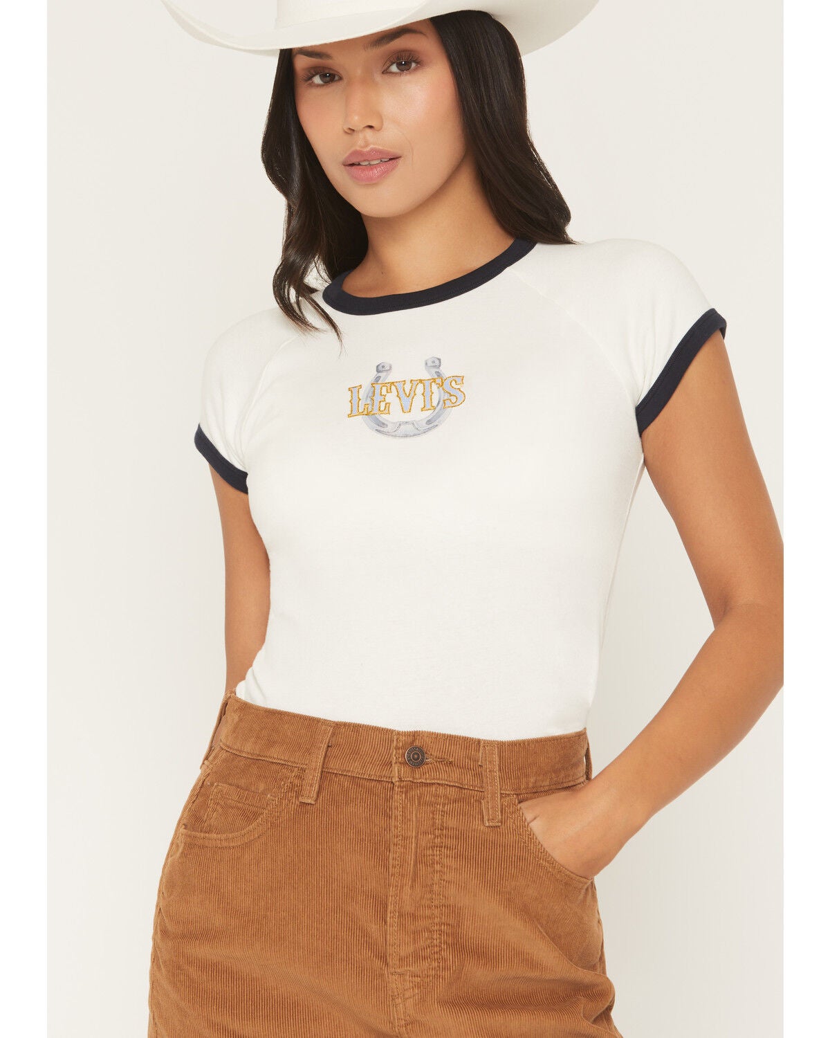 Image #1 - Levi's Women's Horseshoe Short Sleeve Graphic Ringer Tee, White, hi-res