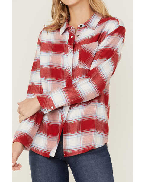 Image #3 - Idyllwind Women's Sycamore Ridge Plaid Print Relaxed Flannel Snap Shirt, Brick Red, hi-res