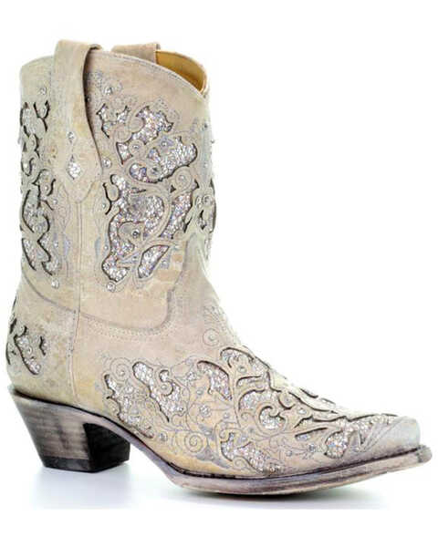 Image #1 - Corral Women's Metallic Glitter Inlay & Crystal Boots - Snip Toe, White, hi-res