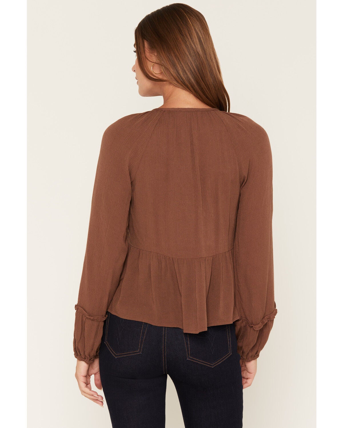 Image #4 - Lovestitch Women's Rouched Front Long Sleeve Top, Brown, hi-res