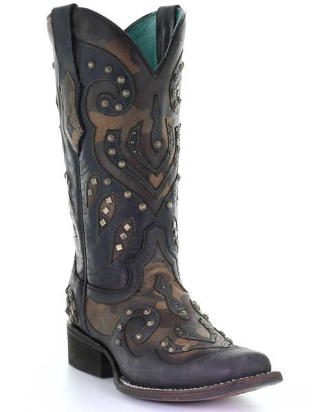 Image #1 - Corral Women's Camo Inlay With Studs Western Boots - Square Toe, Black, hi-res