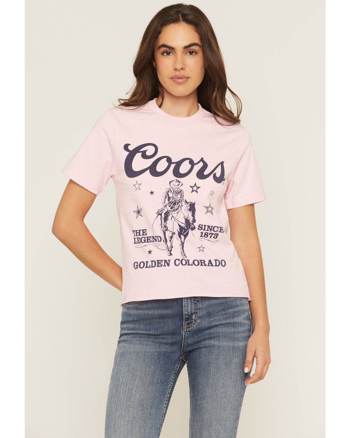 Image #1 - Coors Women's Rhinestone Stars Cowboy Short Sleeve Oversized Graphic Tee, Pink, hi-res