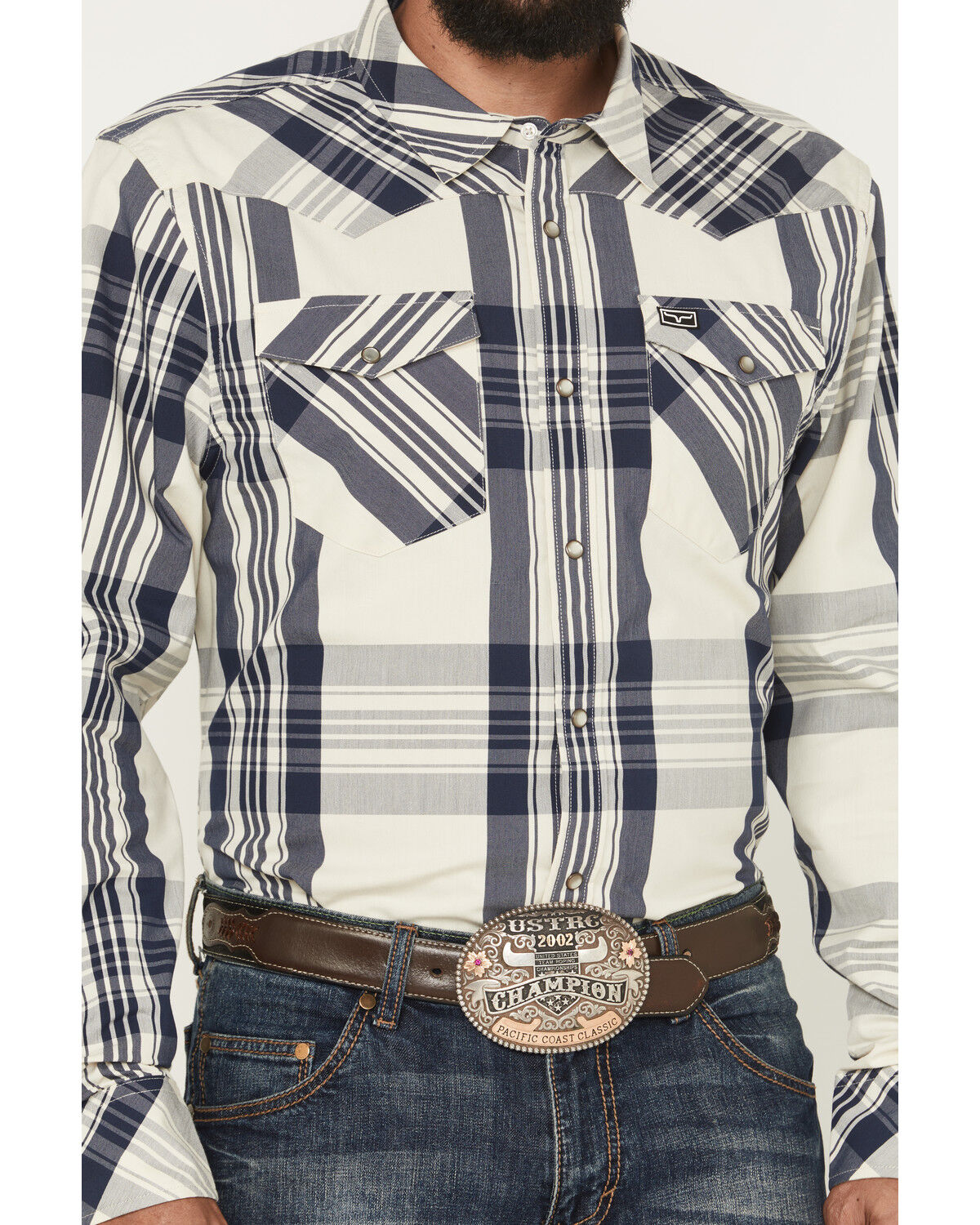 Image #3 - Kimes Ranch Men's Double R Plaid Print Long Sleeve Snap Western Shirt, Navy, hi-res