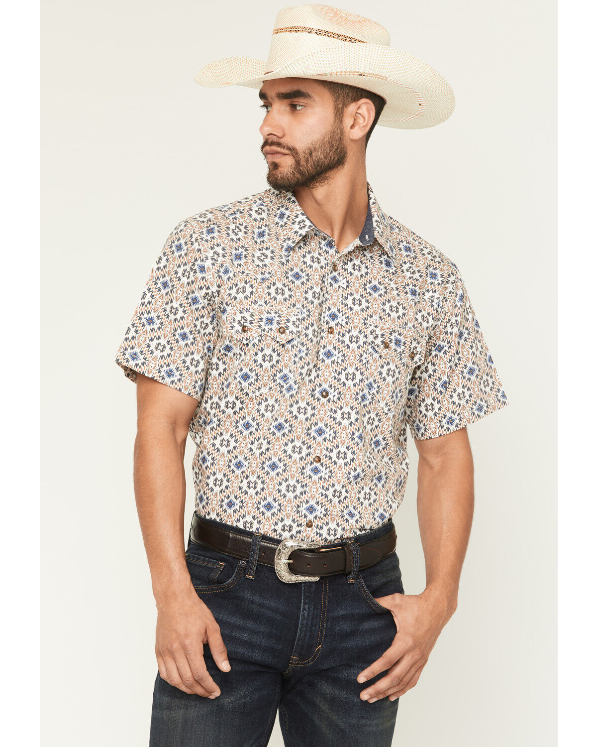 Image #1 - Cody James Men's High Plains Southwestern Print Short Sleeve Snap Western Shirt, Tan, hi-res