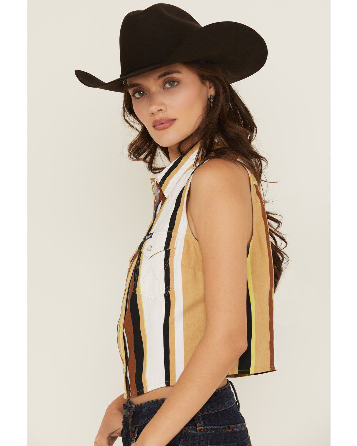 Image #2 - Wrangler Retro Women's Striped Print Sleeveless Snap Cropped Western Shirt, Tan, hi-res