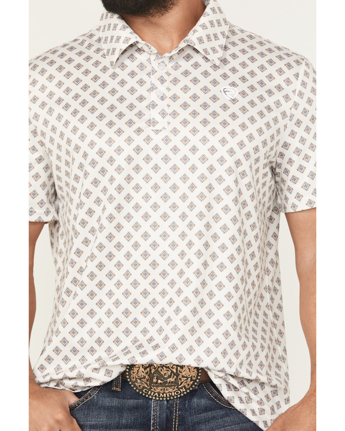 Image #3 - Rock & Roll Denim Men's Geo Print Short Sleeve Button-Down Stretch Polo Shirt, Natural, hi-res