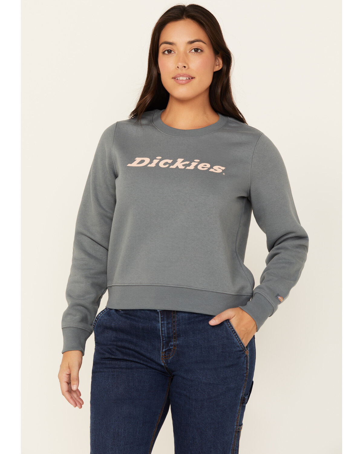Image #1 - Dickies Women's Heavyweight Wordmark Crew Neck Fleece Sweatshirt, Dark Grey, hi-res