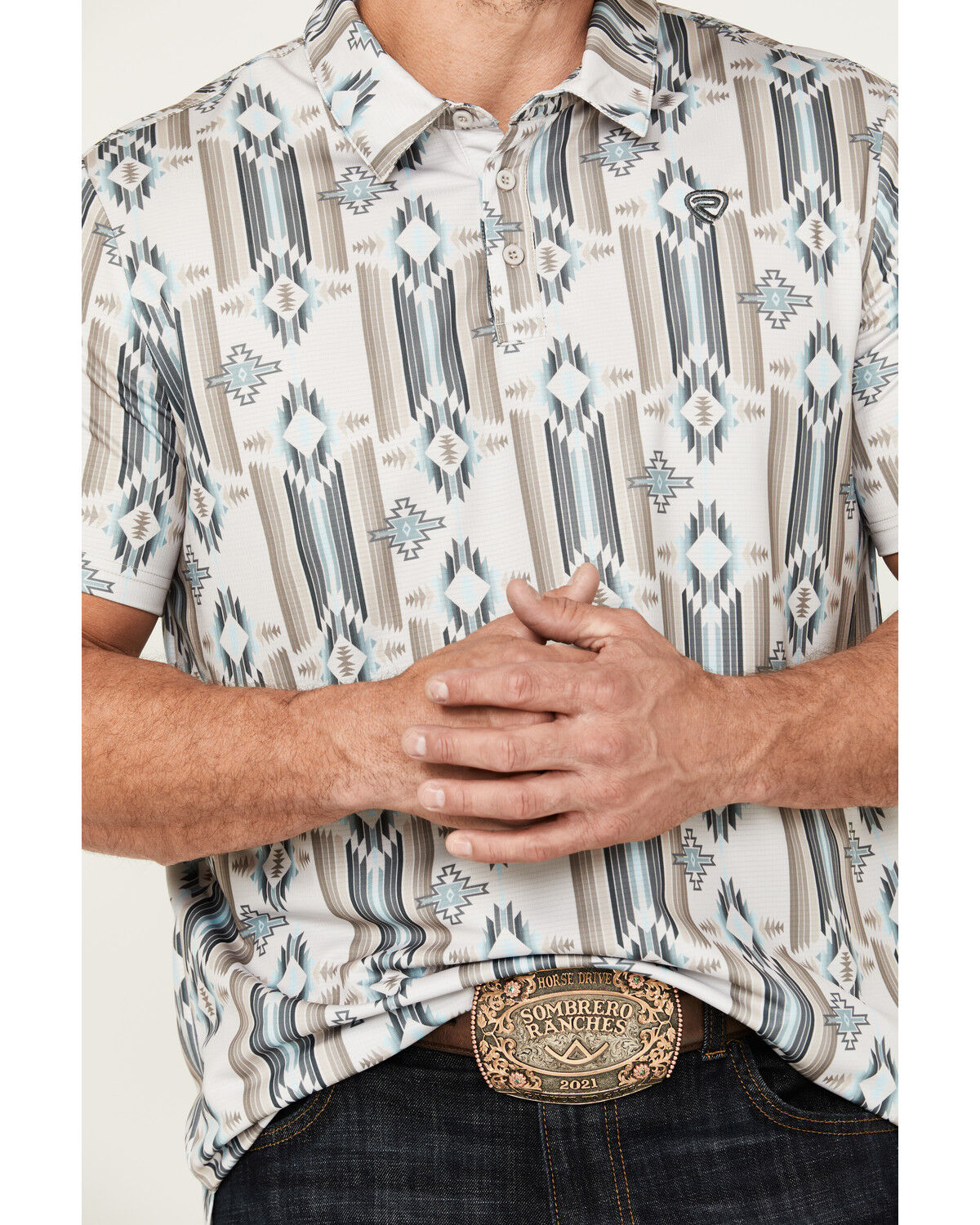 Image #3 - Rock & Roll Denim Men's Southwestern Print Short Sleeve Polo Shirt, Natural, hi-res