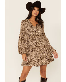 Very J Women's Tan Leopard Long Sleeve Tiered Mini Dress, Tan, hi-res