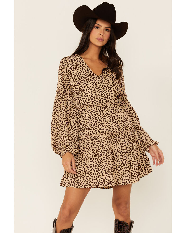 Very J Women's Tan Leopard Long Sleeve Tiered Mini Dress, Tan, hi-res