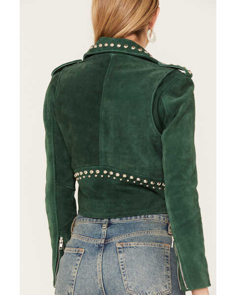 Image #5 - Understated Leather Women's Runway Studded Suede Moto Jacket, Green, hi-res