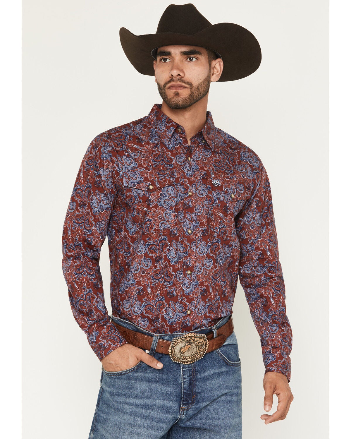 Image #1 - Ariat Men's Tyrone Paisley Print Long Sleeve Snap Western Shirt, Dark Red, hi-res
