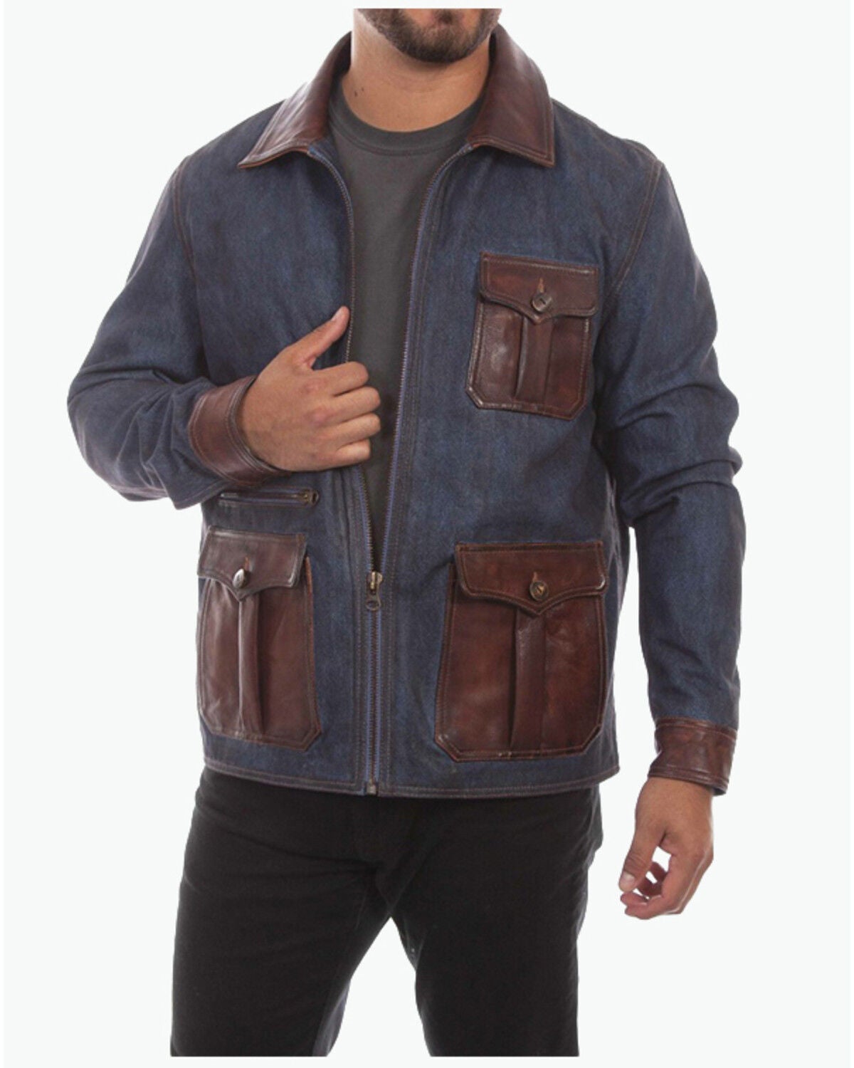 Image #1 - Scully Men's Denim And Leather Trim Zip-Up Jacket, Indigo, hi-res
